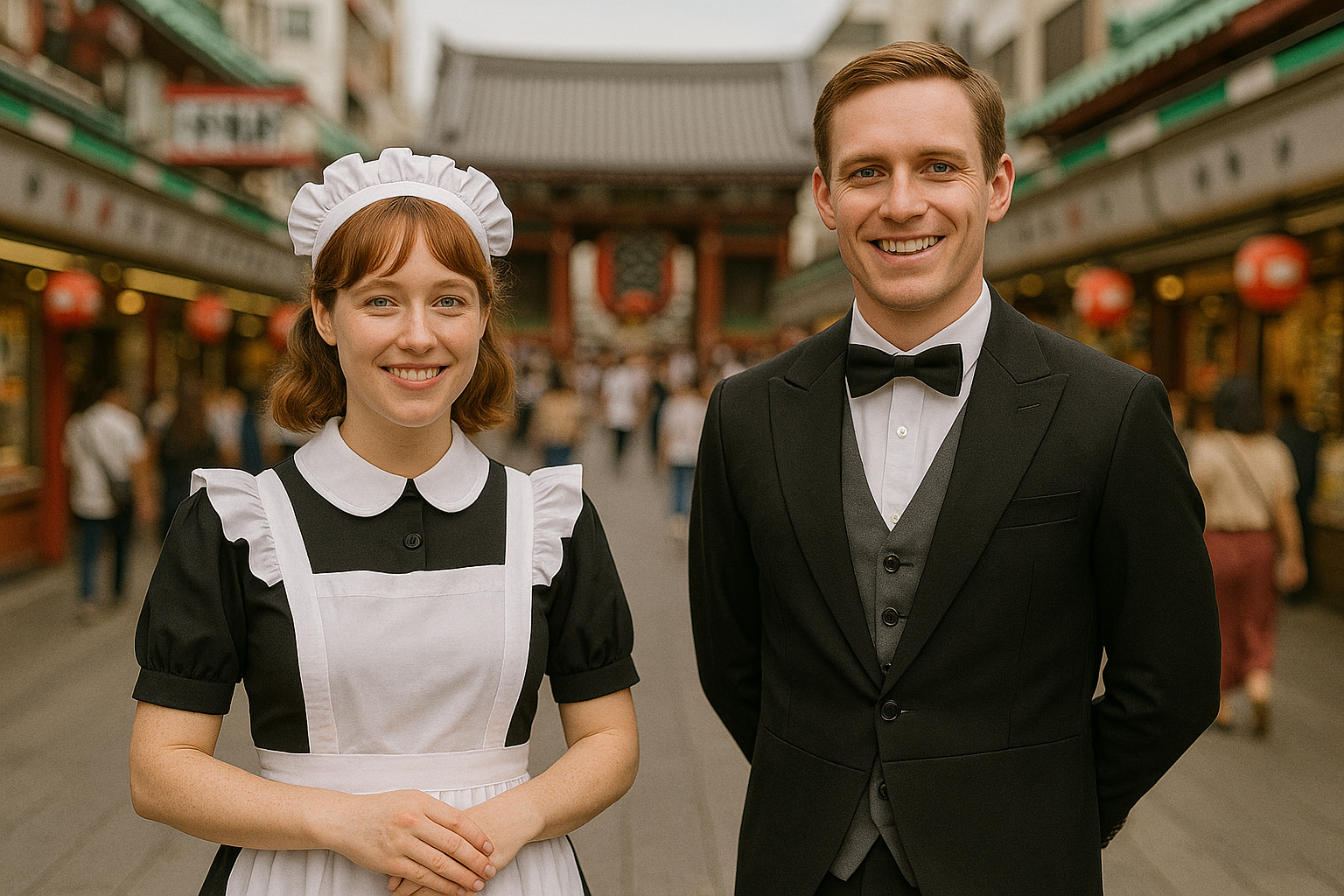 Couple wearing maid and butler costumes in traditional Japanese street