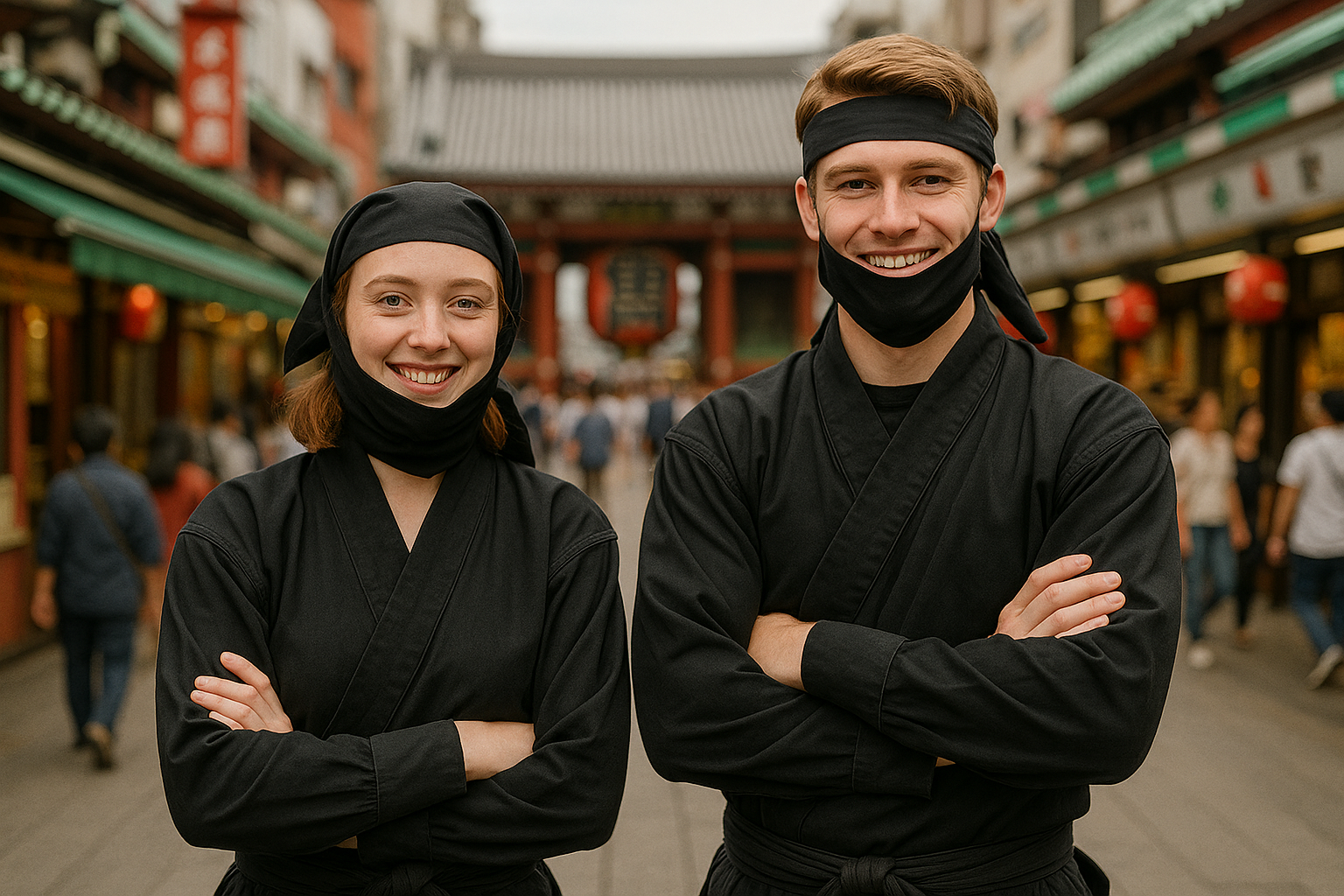 Couple wearing ninja costumes in traditional Japanese street