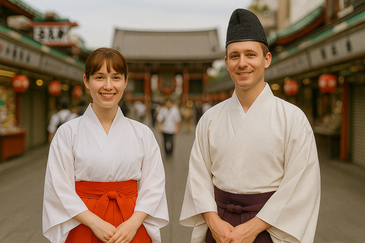 Couple wearing Shinto priest and shrine maiden costumes in traditional Japanese street