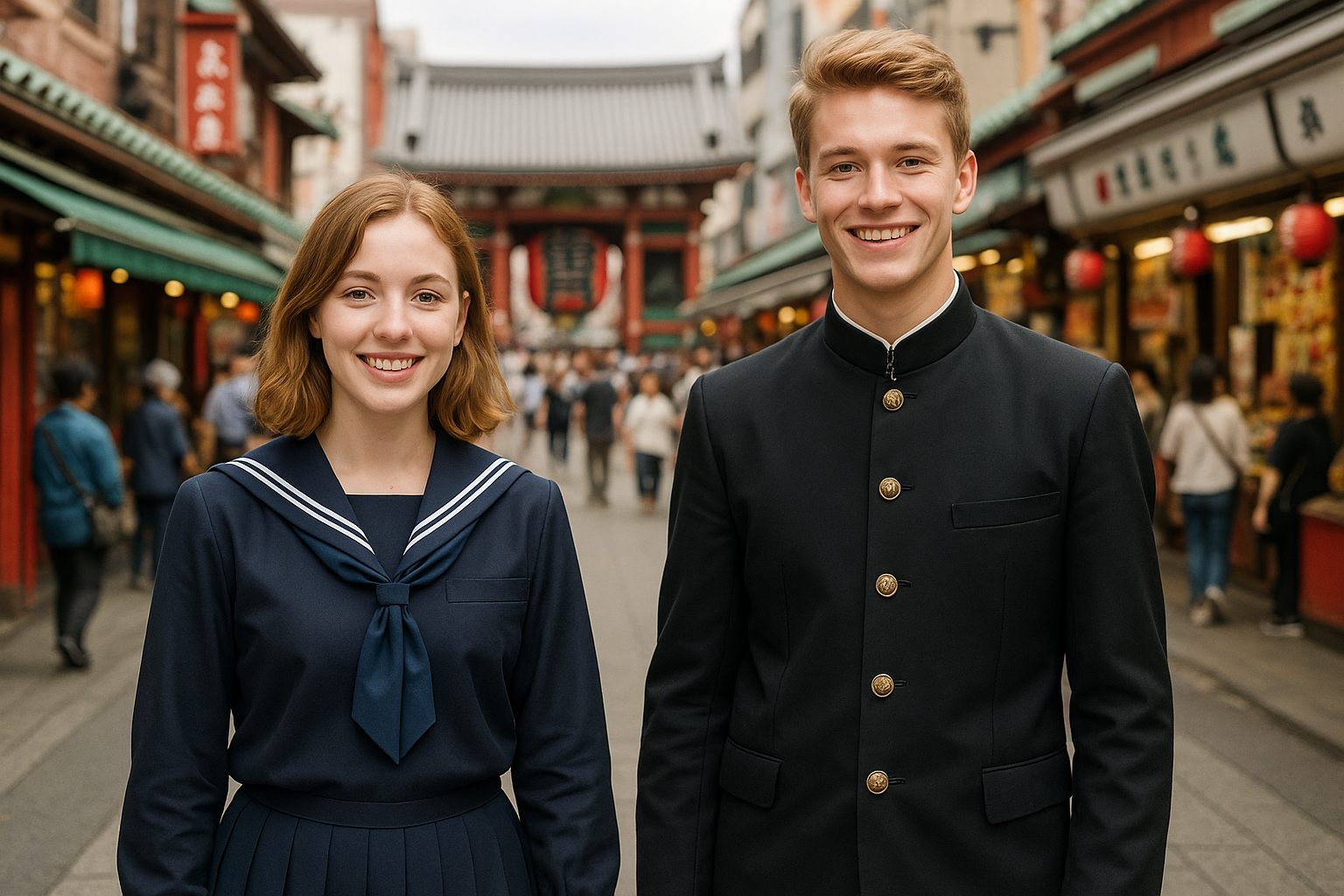 Couple wearing Japanese school uniforms in traditional Japanese street